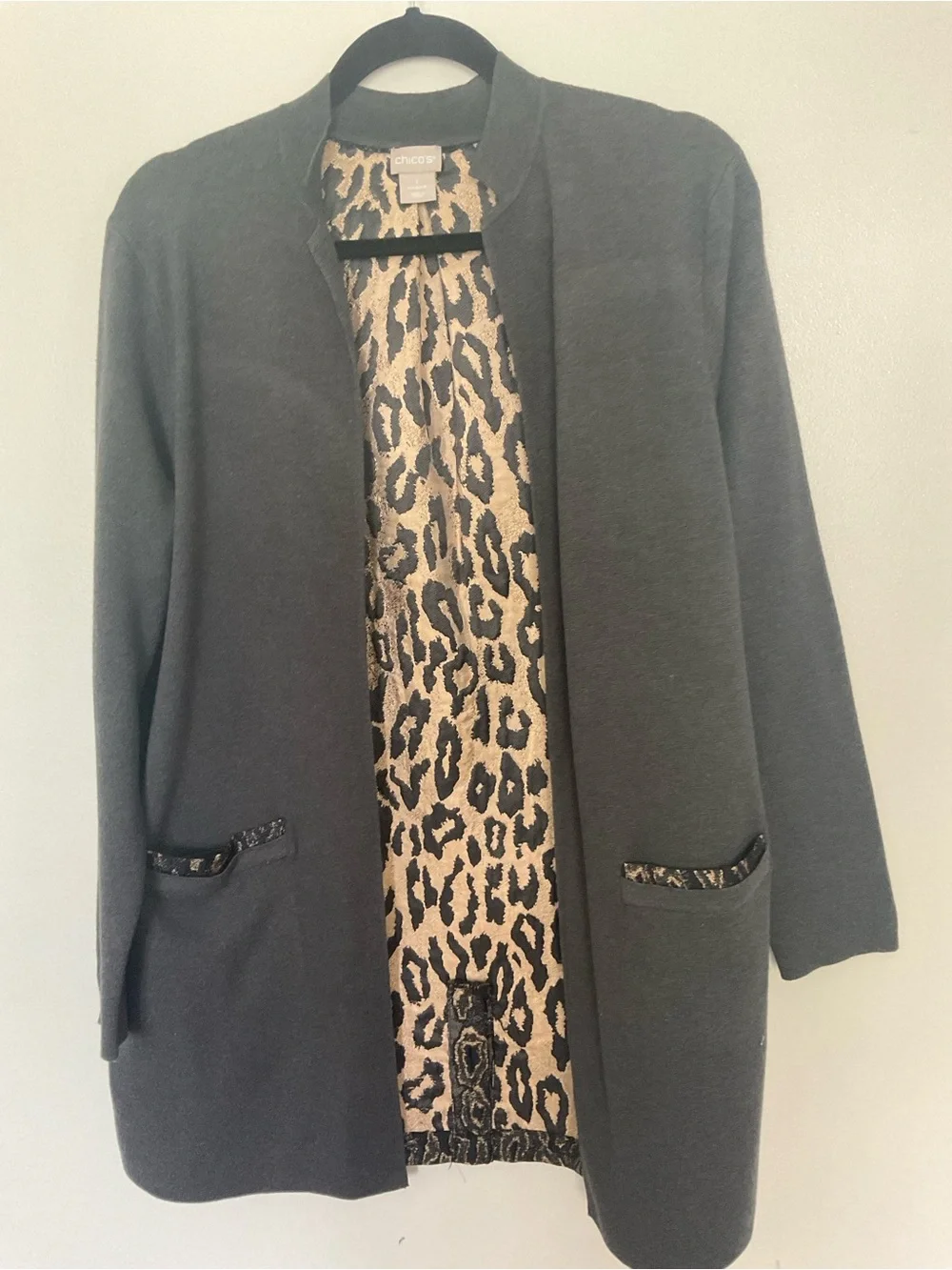 Chico's Black and Taupe Leopard Jacquard Cardigan with metallic accent